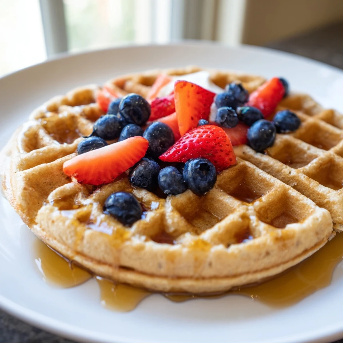 Crispy Greek yogurt waffles topped with fresh berries and a pat of butter