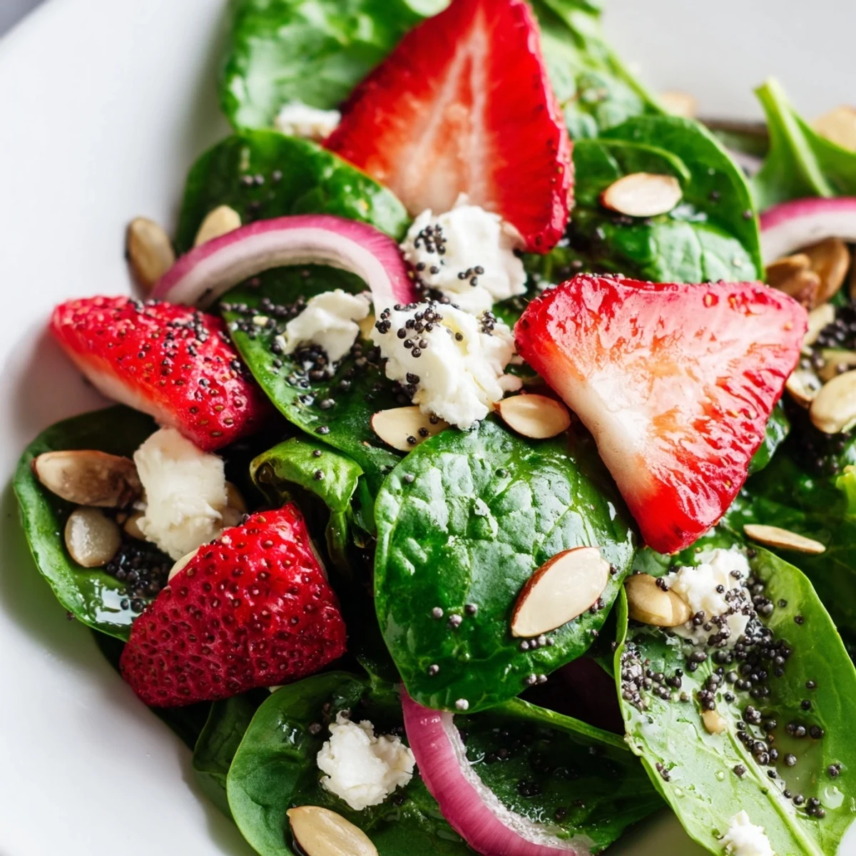 Crunchy almond-topped strawberry spinach salad featuring creamy feta crumbles and sweet tangy balsamic poppy seed dressing
