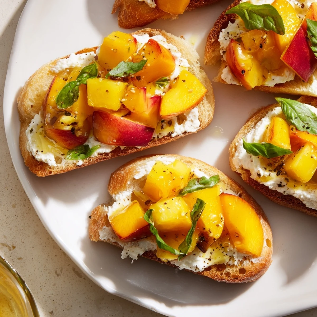 Golden toasted baguette slices topped with creamy ricotta and Sun Kissed Peach Bruschetta