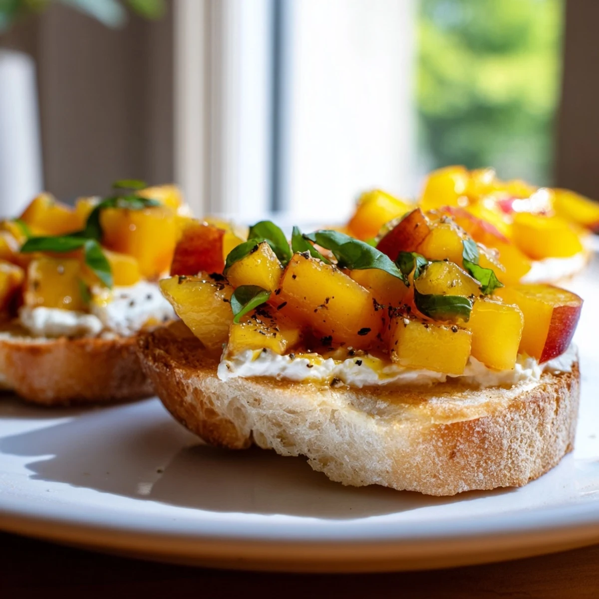 Fresh Sun Kissed Peach Bruschetta with sweet peaches, basil, and honey on crusty bread
