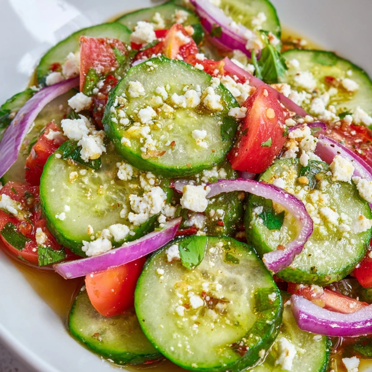 Italian cucumber salad with ripe tomatoes and red onion in zesty herb dressing