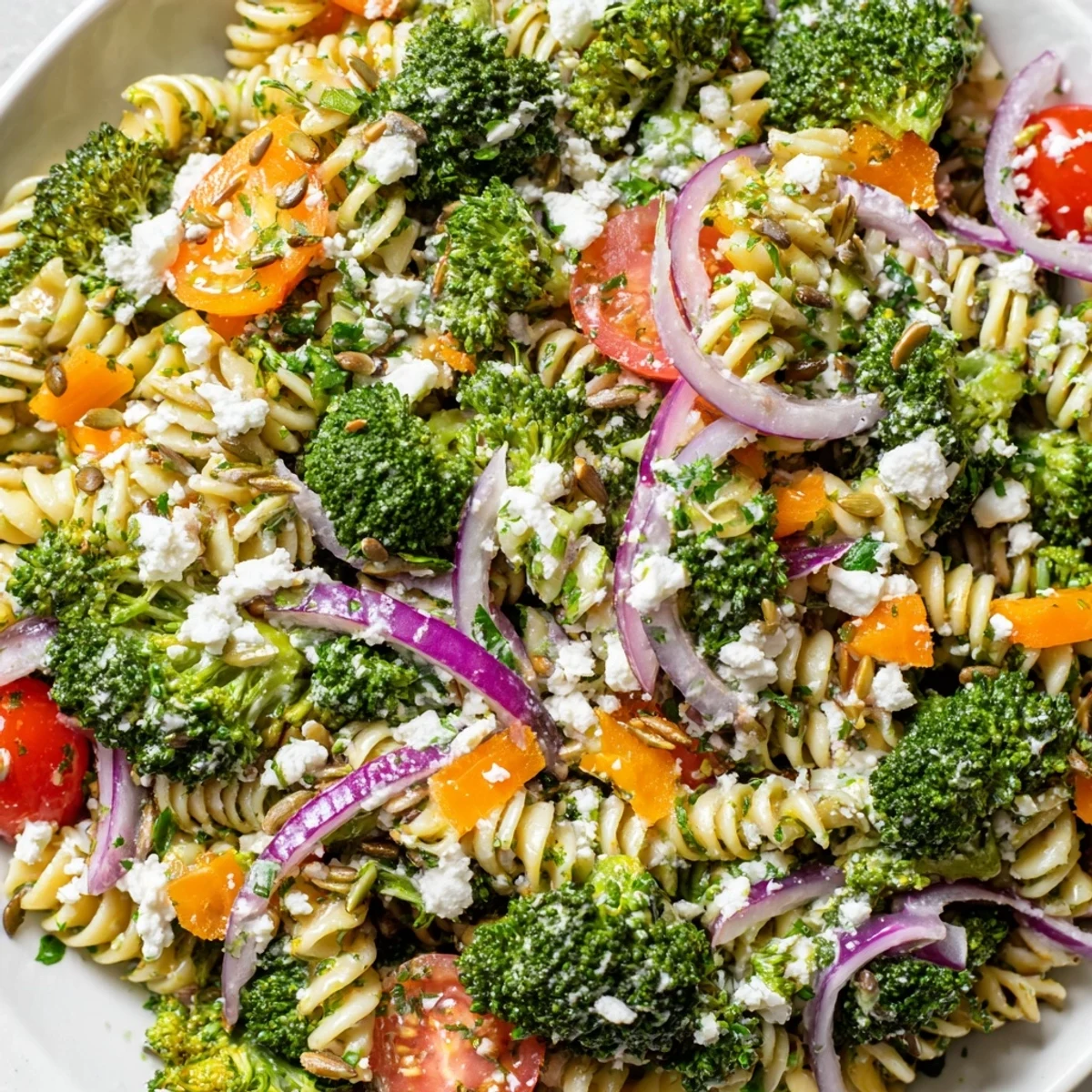 Colorful broccoli pasta salad featuring cherry tomatoes, shredded carrots, and zesty lemon herb dressing