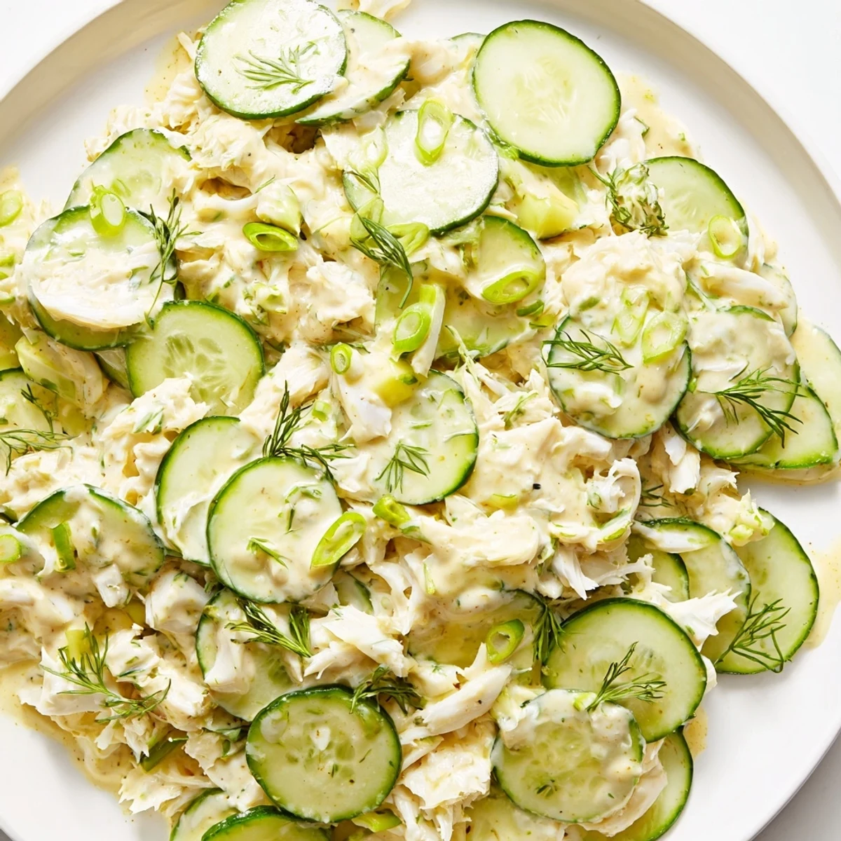 Cucumber salad with crab meat topped with fresh dill and lemon wedges