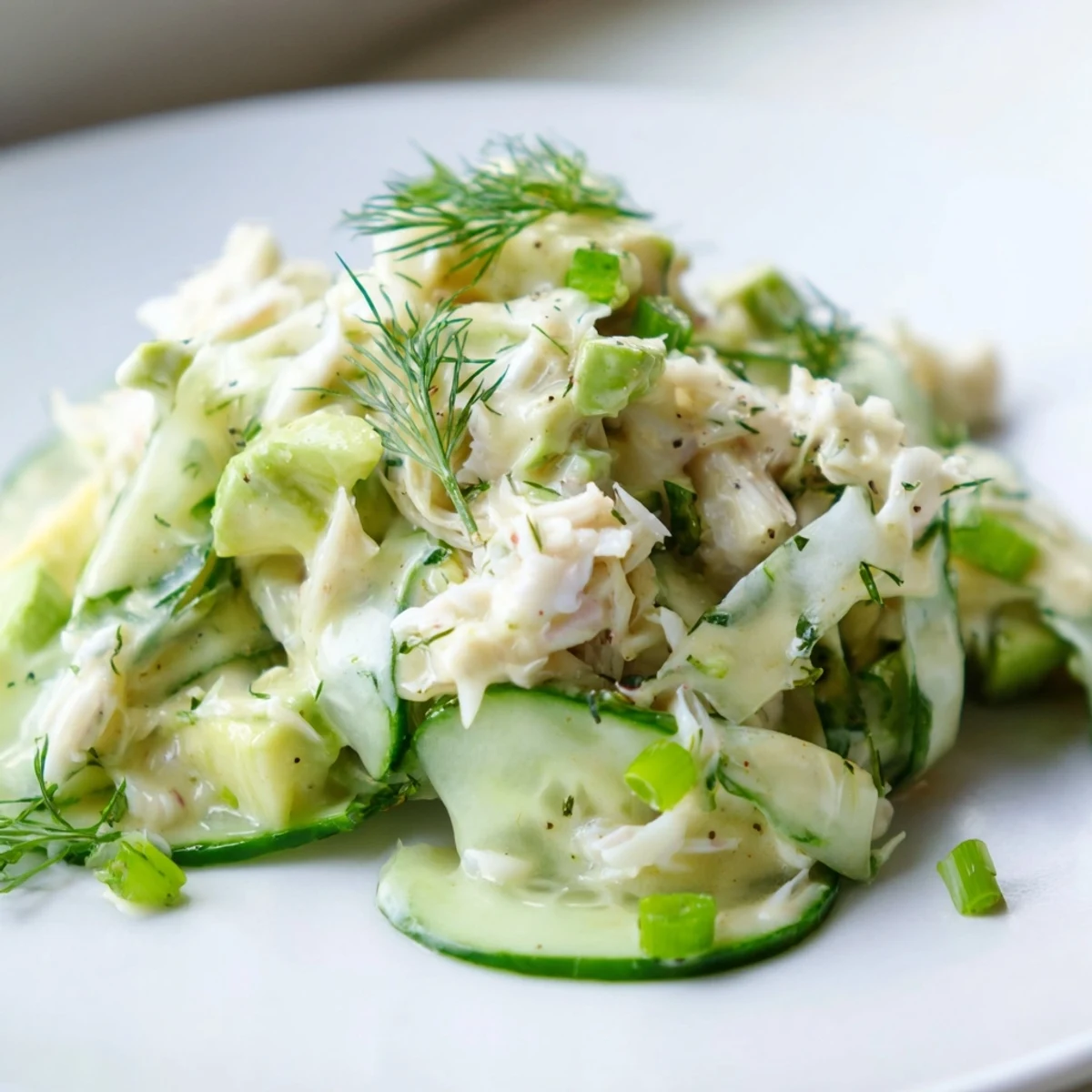 Creamy cucumber salad with crab meat in a tangy dressing on white plate