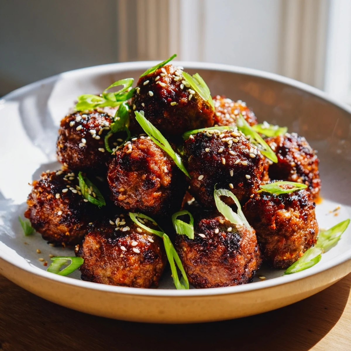 Golden Korean BBQ meatballs glistening with glaze beside creamy spicy mayo dip
