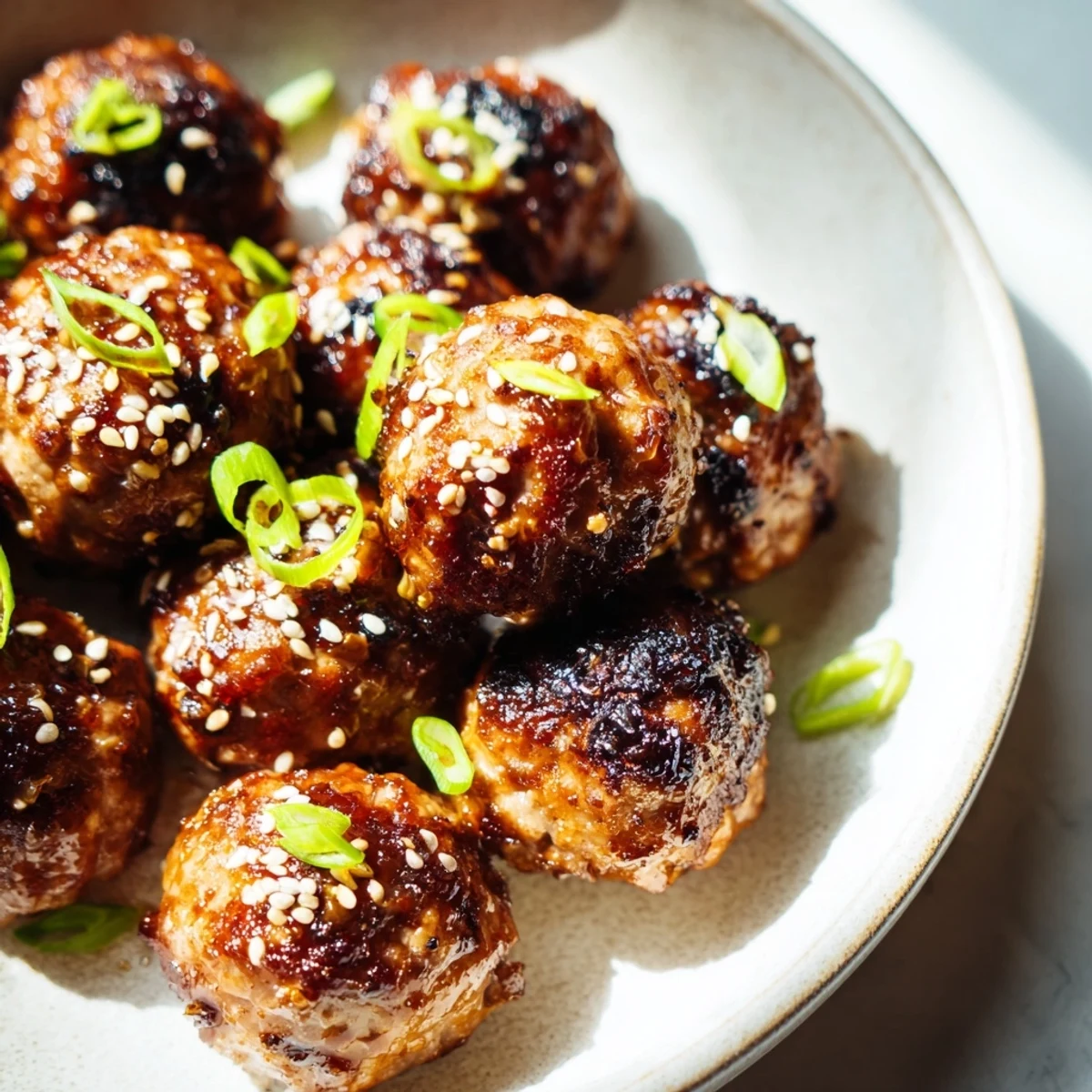 Korean BBQ meatballs topped with sesame seeds and green onion garnish