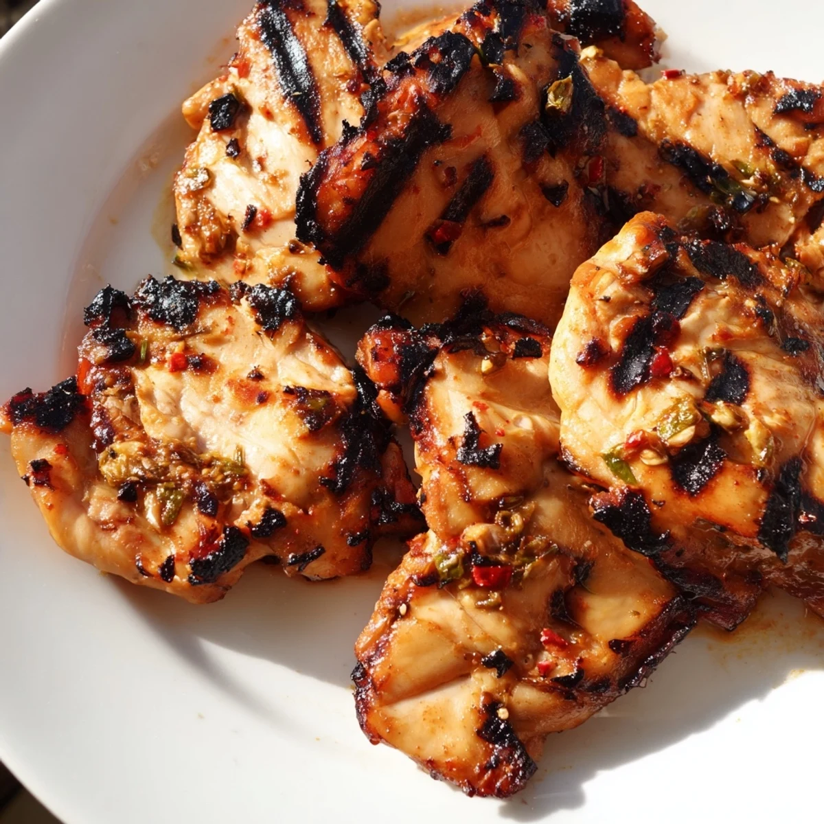 Grilled Vietnamese chicken with golden char marks served alongside fresh cucumber slices and lime wedges