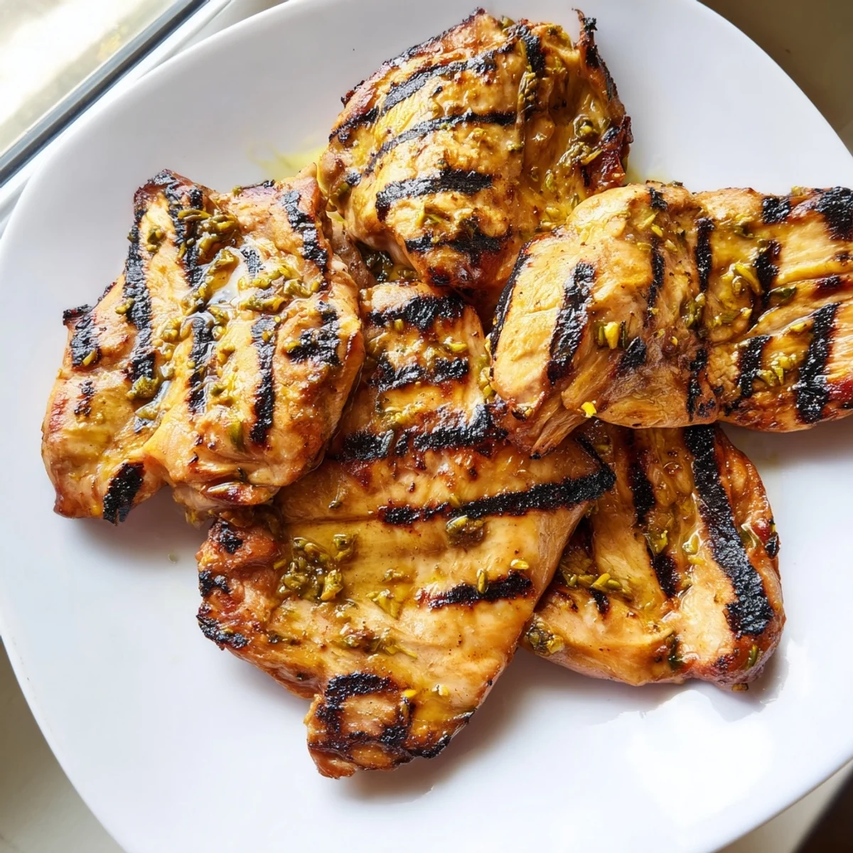 Juicy Grilled Vietnamese Chicken garnished with chopped cilantro on a white serving plate