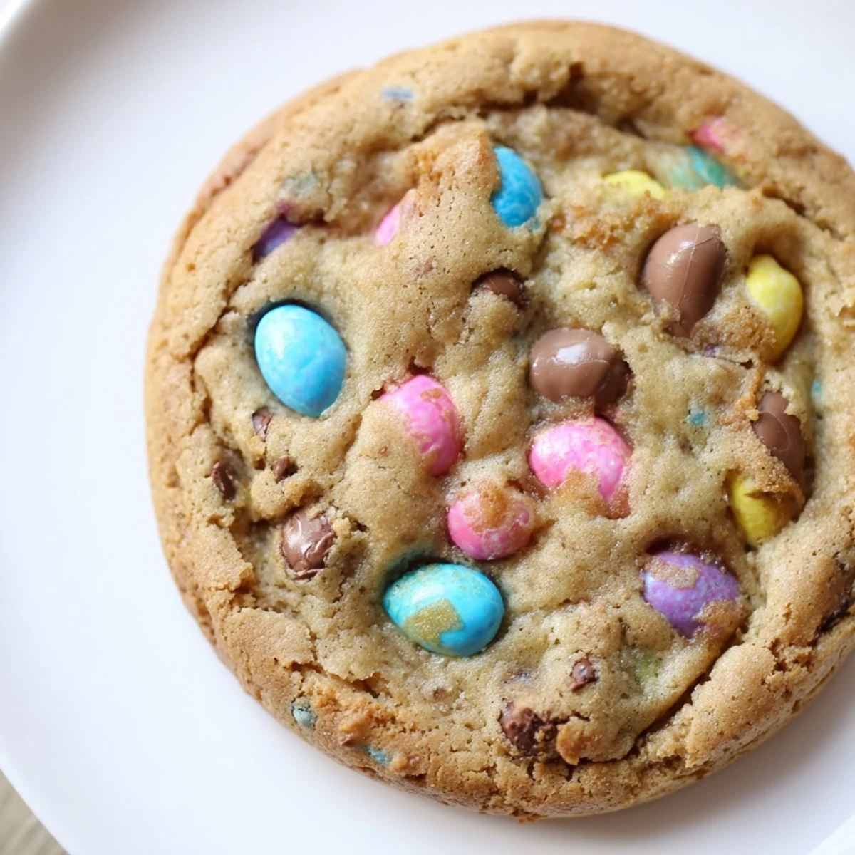 Soft chewy Cadbury Egg Cookies with colorful candy pieces on rustic baking sheet