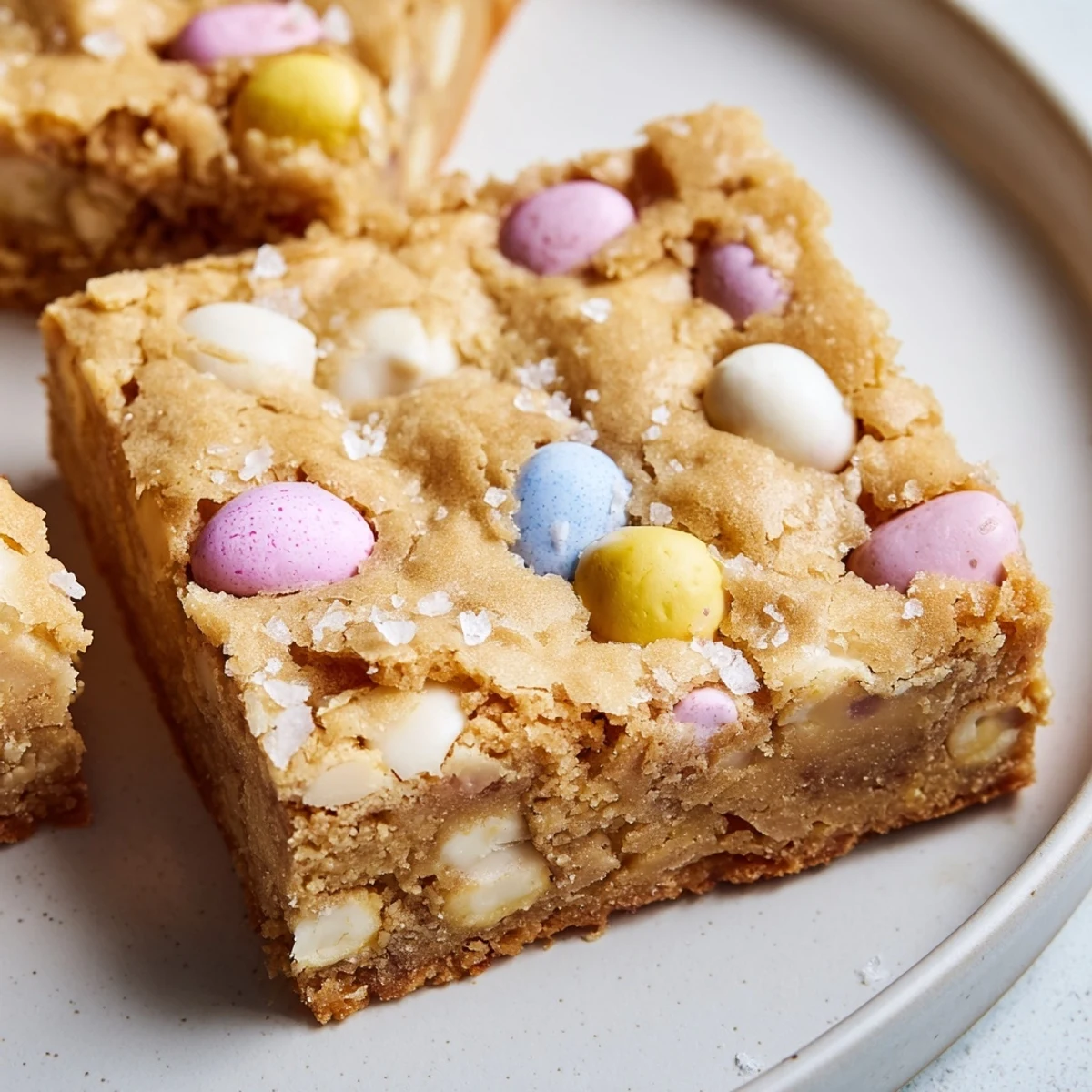 Mini Cadbury Easter Egg blondies with gooey buttery centers and pastel chocolate eggs pressed into the golden brown surface