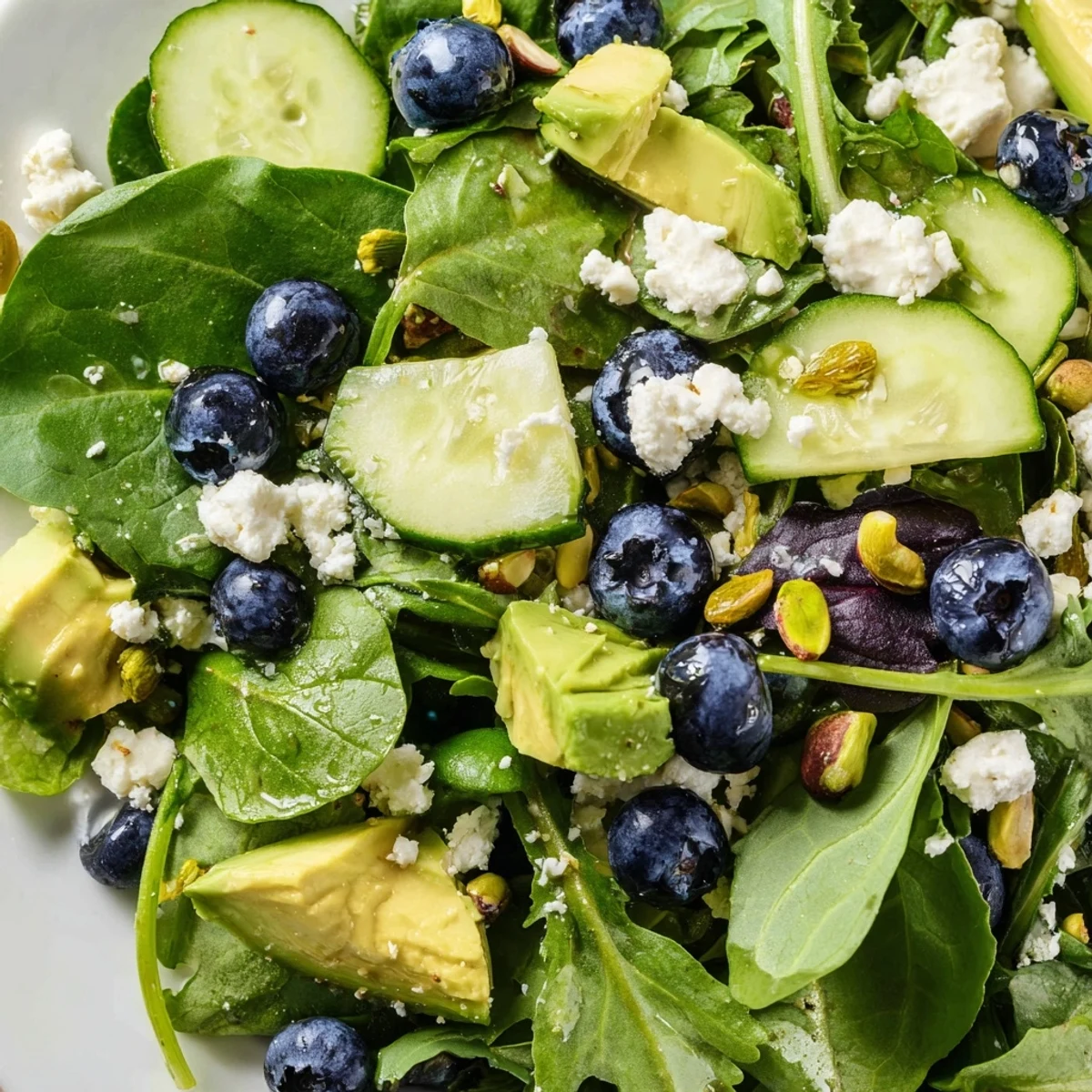 Colorful blueberry pistachio spring salad arranged on a white platter with crisp greens
