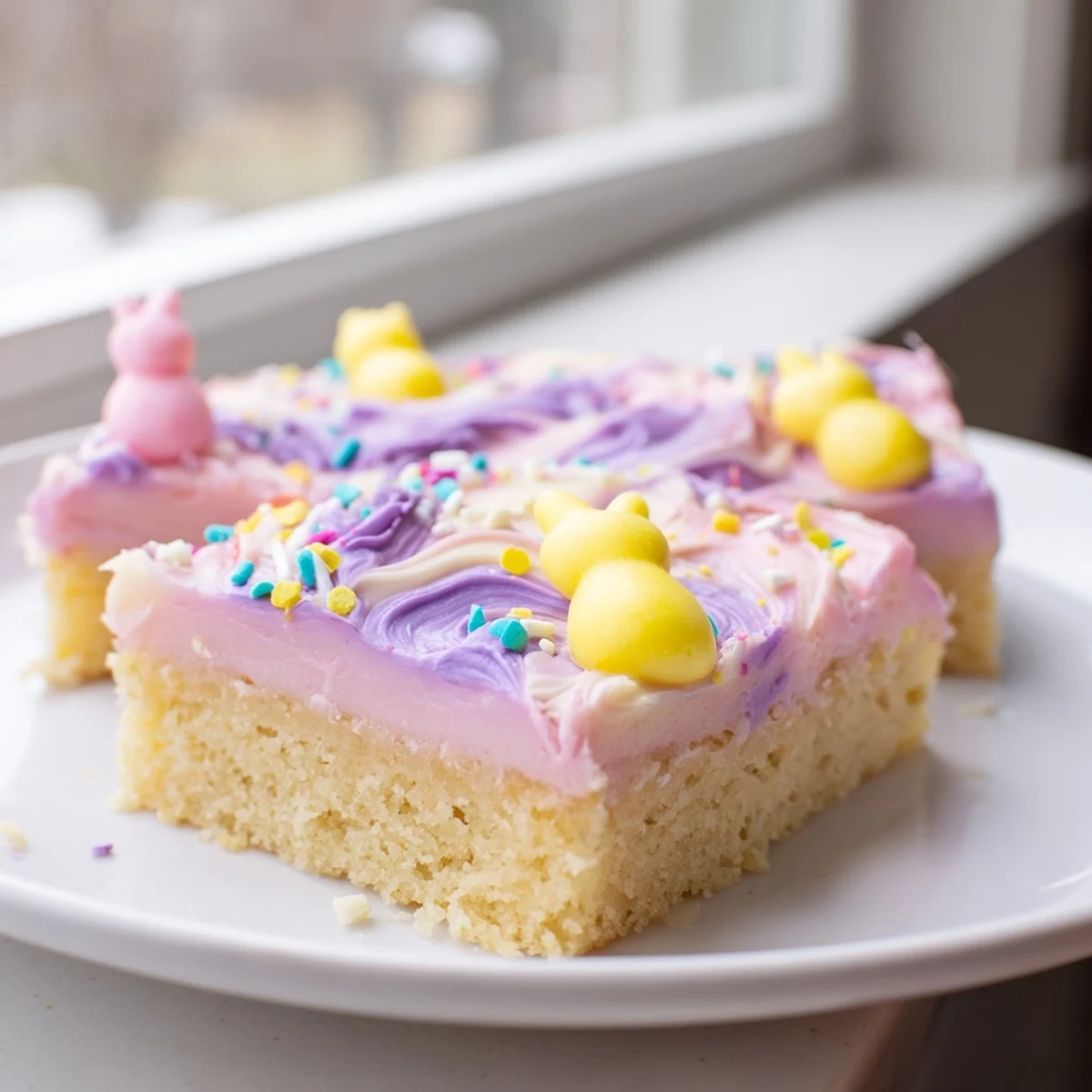 Soft Easter sugar cookie bars with swirled pastel frosting and colorful sprinkles on a white plate
