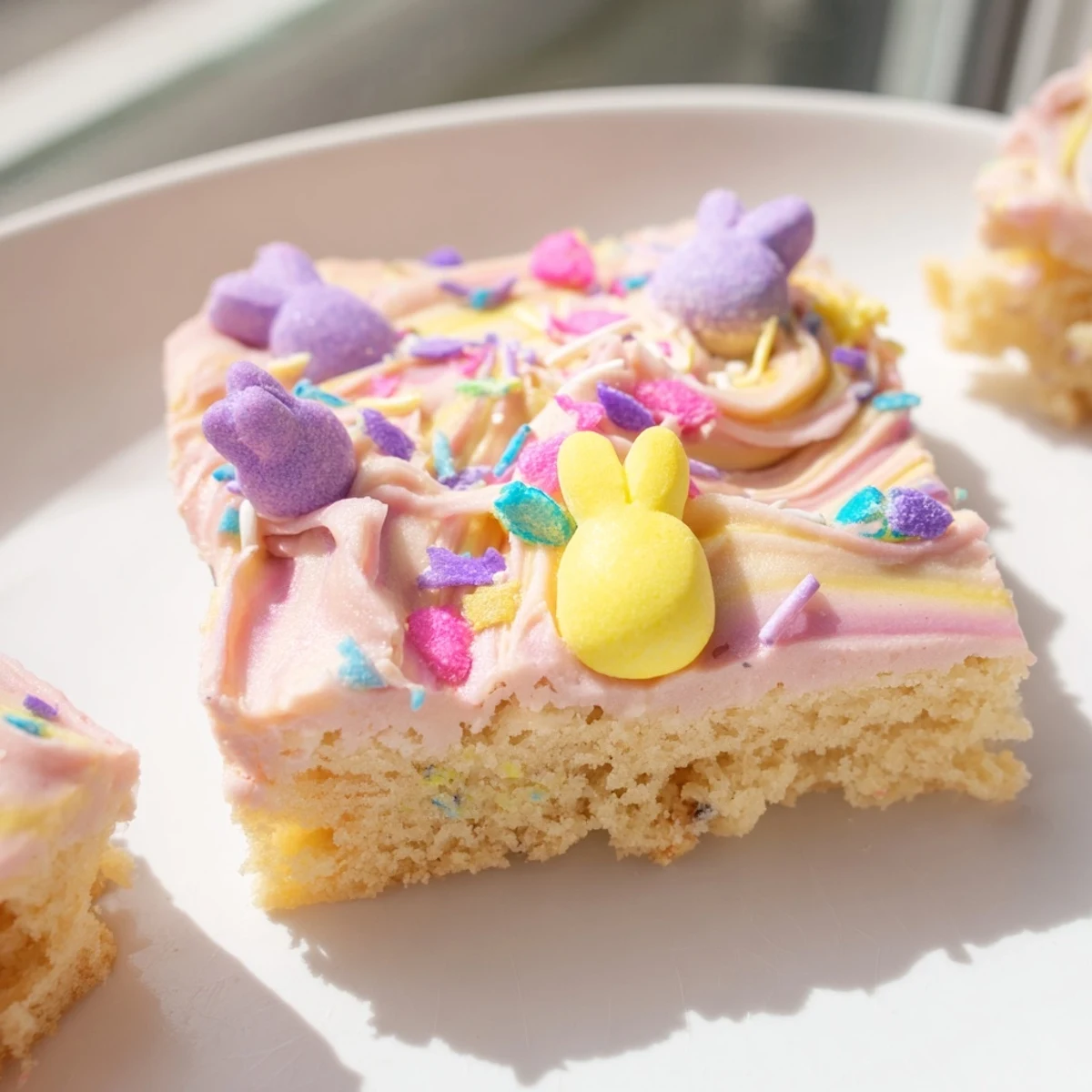 Thick-cut Easter sugar cookie bars topped with creamy pink and yellow buttercream frosting