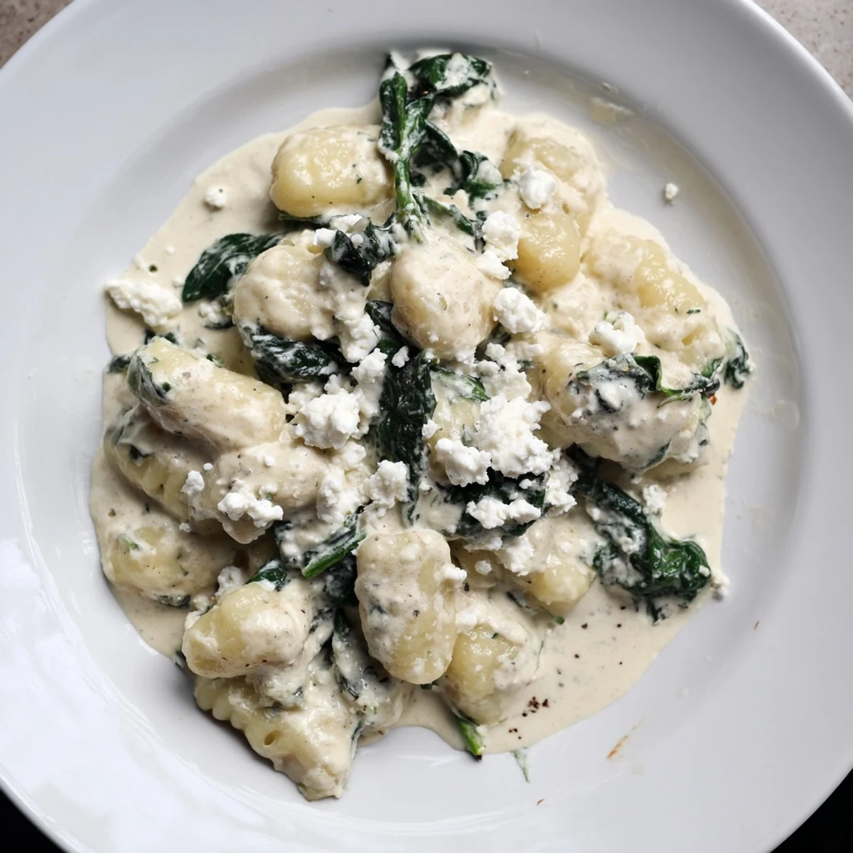 Soft potato gnocchi with spinach and feta swimming in a rich, velvety cream sauce