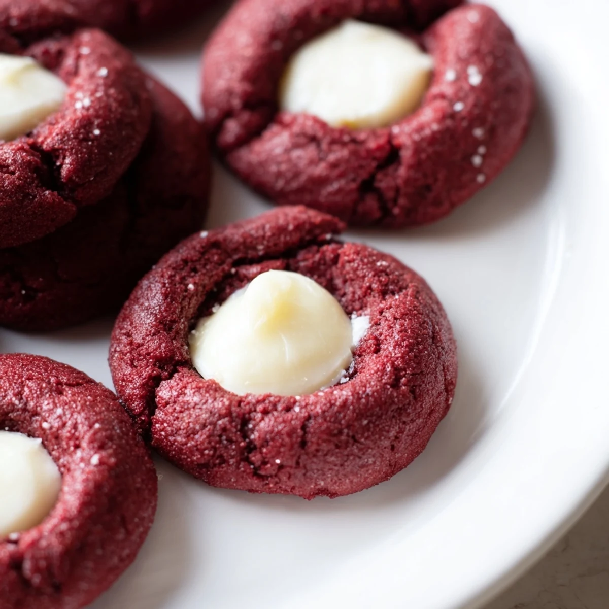 Red velvet thumbprint cookies with creamy cheesecake filling on a rustic white baking sheet
