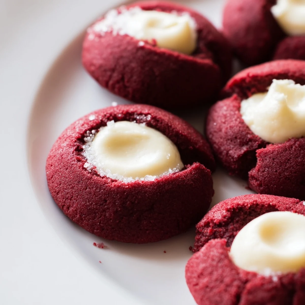Bright red velvet thumbprint cookies fresh from oven with soft cream cheese centers