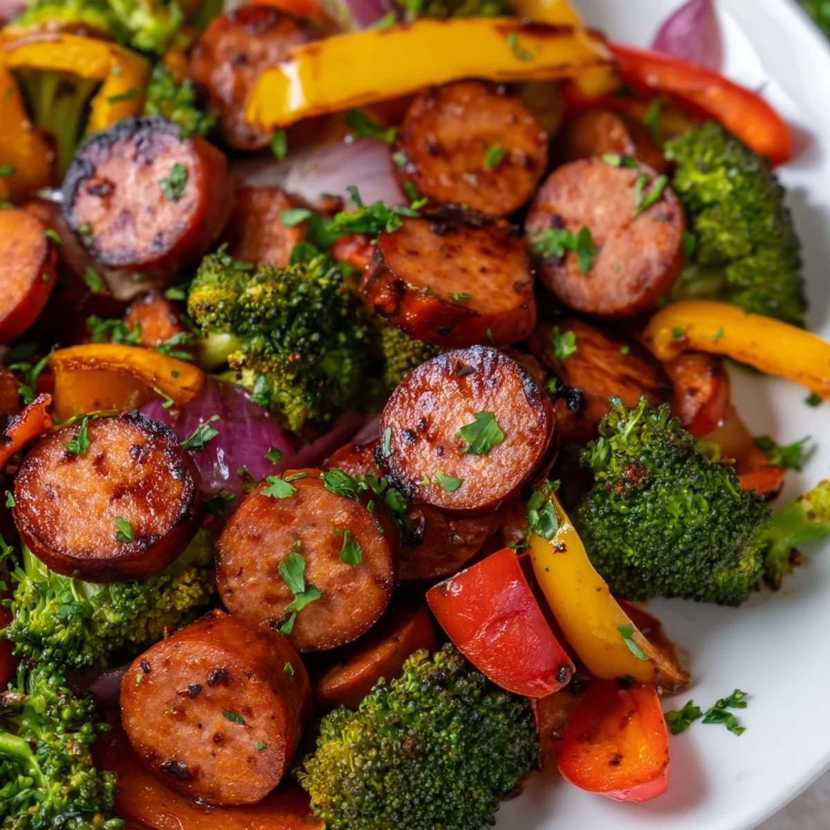 Smoky sliced kielbasa caramelized with colorful vegetables under a sticky honey garlic glaze