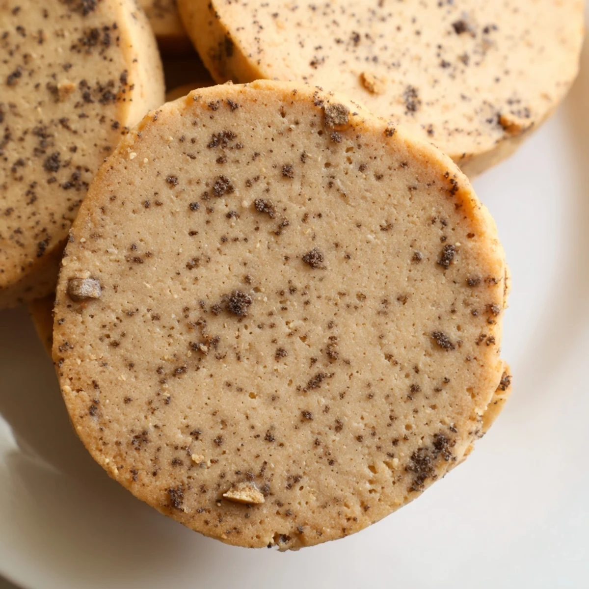 Golden espresso shortbread cookies with melted toffee chunks on a rustic baking sheet