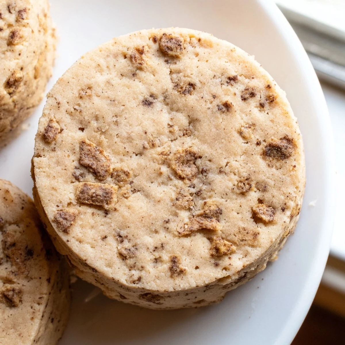 Buttery espresso shortbread cookies studded with golden toffee chunks stacked on a plate