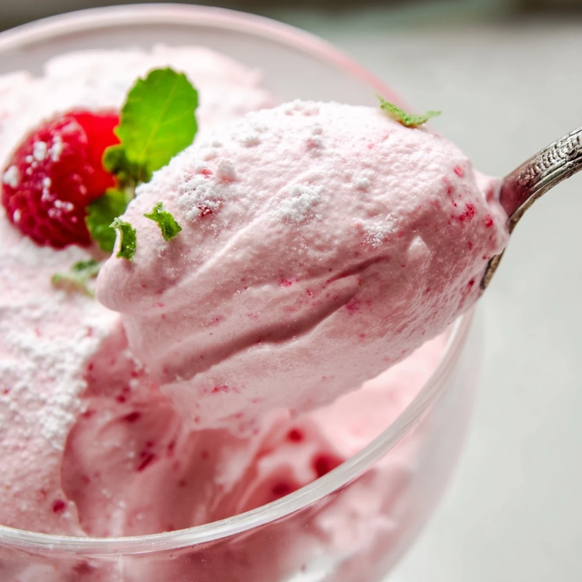 Fresh Raspberry Cloud Mousse in elegant glasses topped with bright red berries