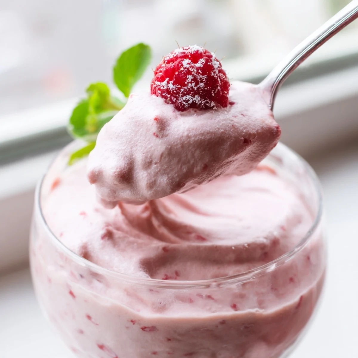 Creamy Fresh Raspberry Cloud Mousse swirled with raspberry puree and fresh garnish