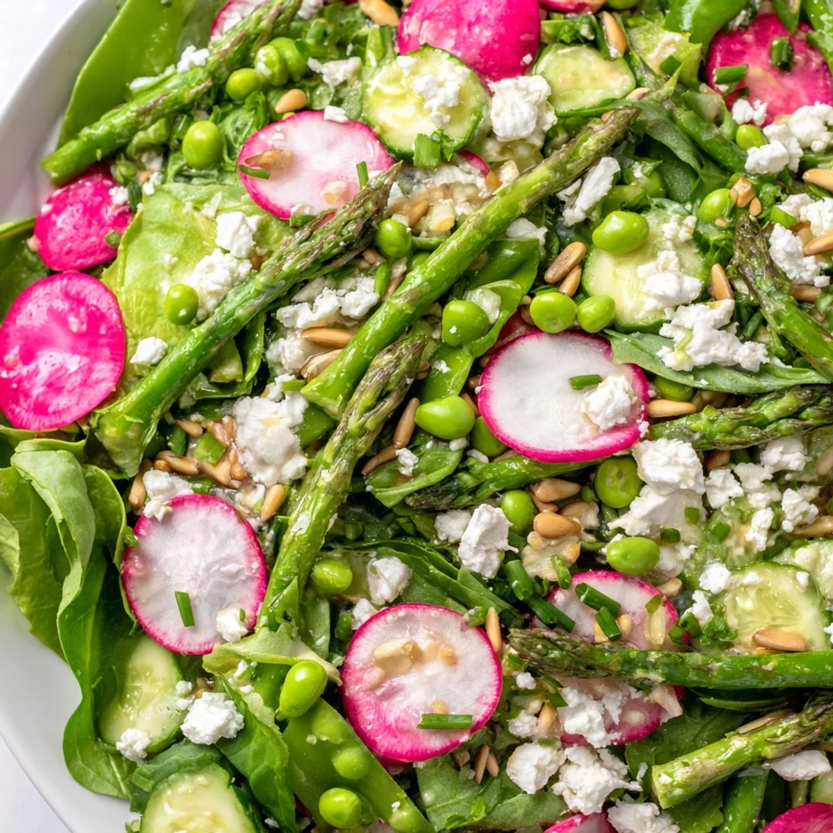 Colorful Bright Spring Salad topped with crumbled feta and toasted sunflower seeds on a white platter.