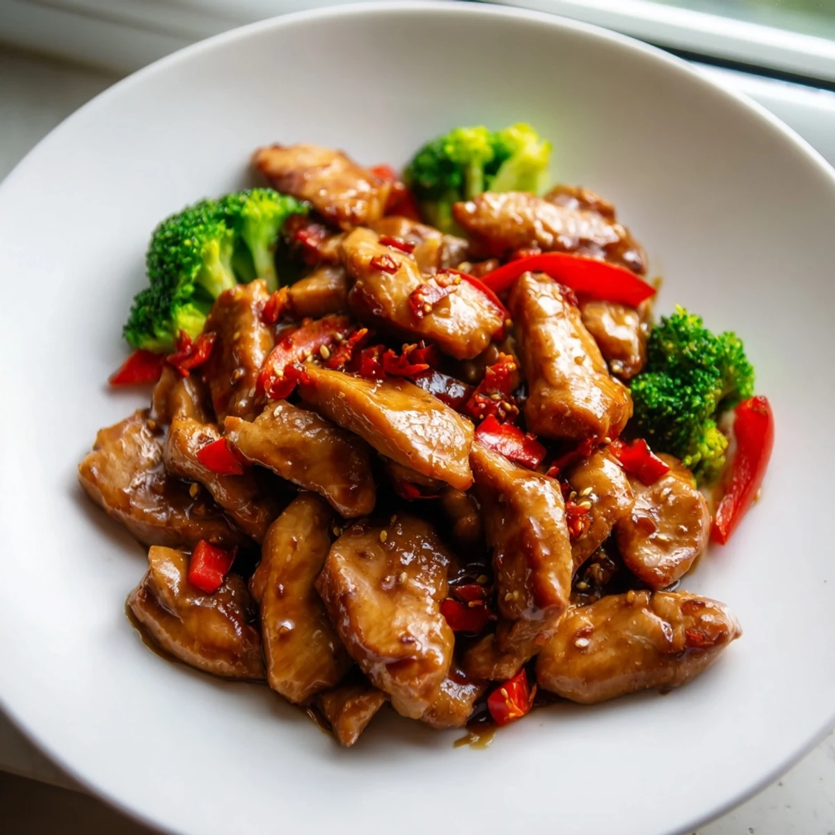Colorful chicken vegetable stir fry sizzling in skillet with vibrant bell peppers and broccoli