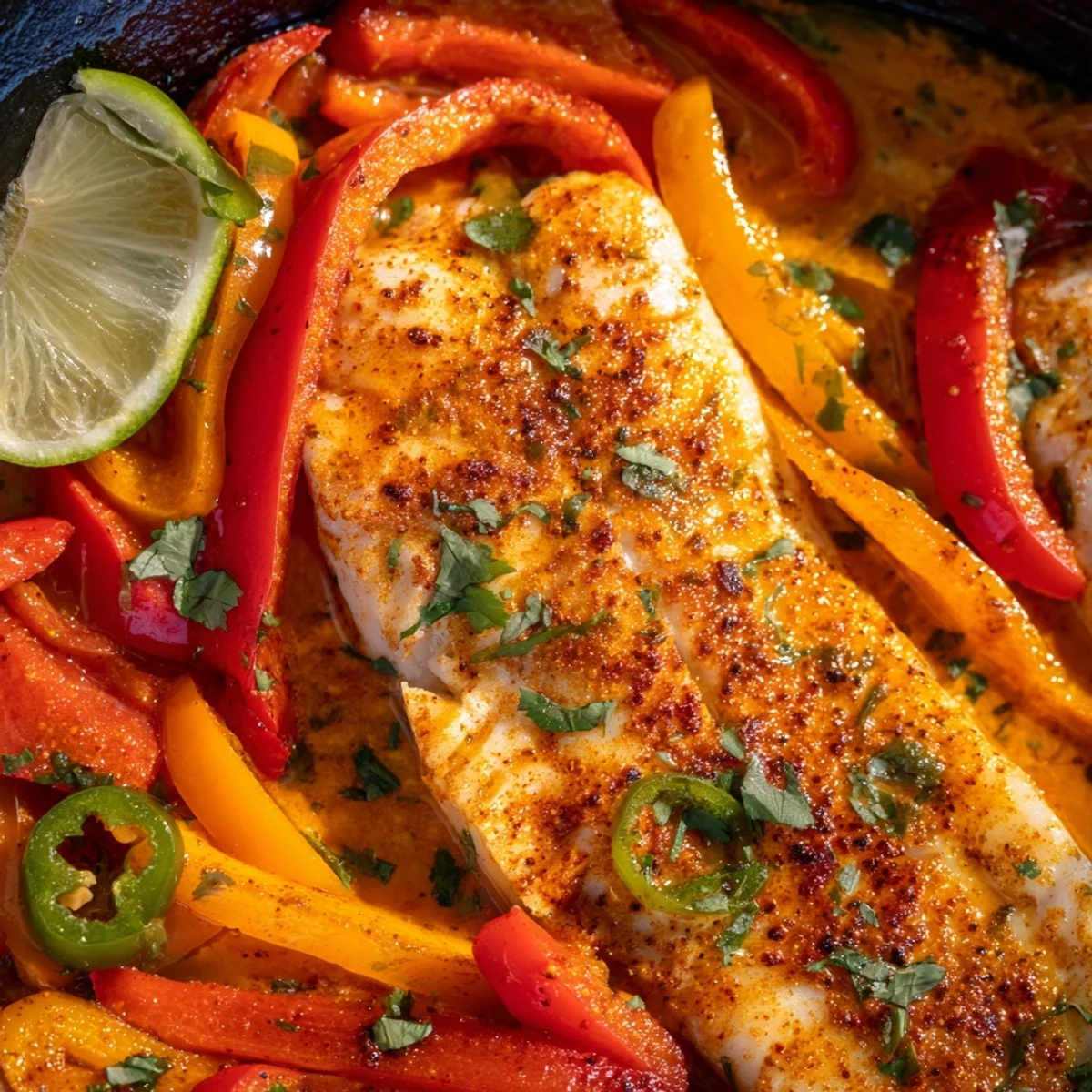 Tilapia skillet nestled among colorful roasted peppers with smoky paprika and cilantro
