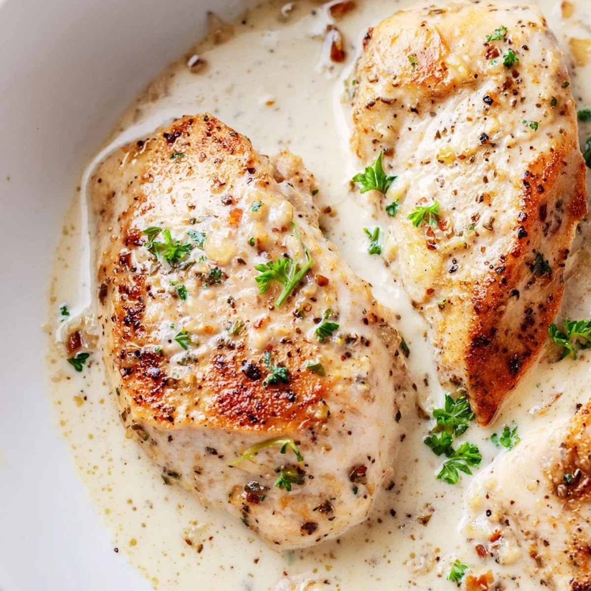 Golden seared creamy garlic chicken in rich white sauce topped with fresh parsley