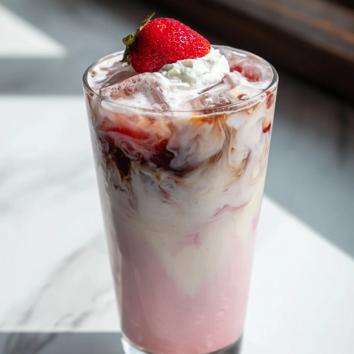 Creamy strawberry latte with swirled red berry puree and iced coffee in tall glass