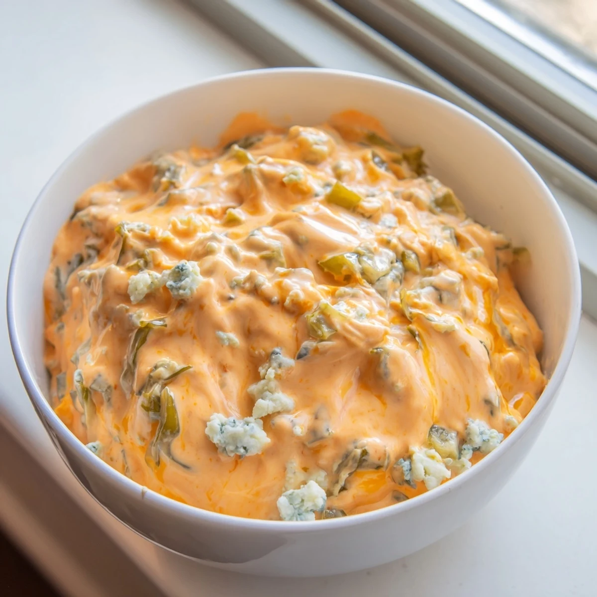 Tangy buffalo pickle dip topped with cheddar cheese and fresh chives in a rustic bowl