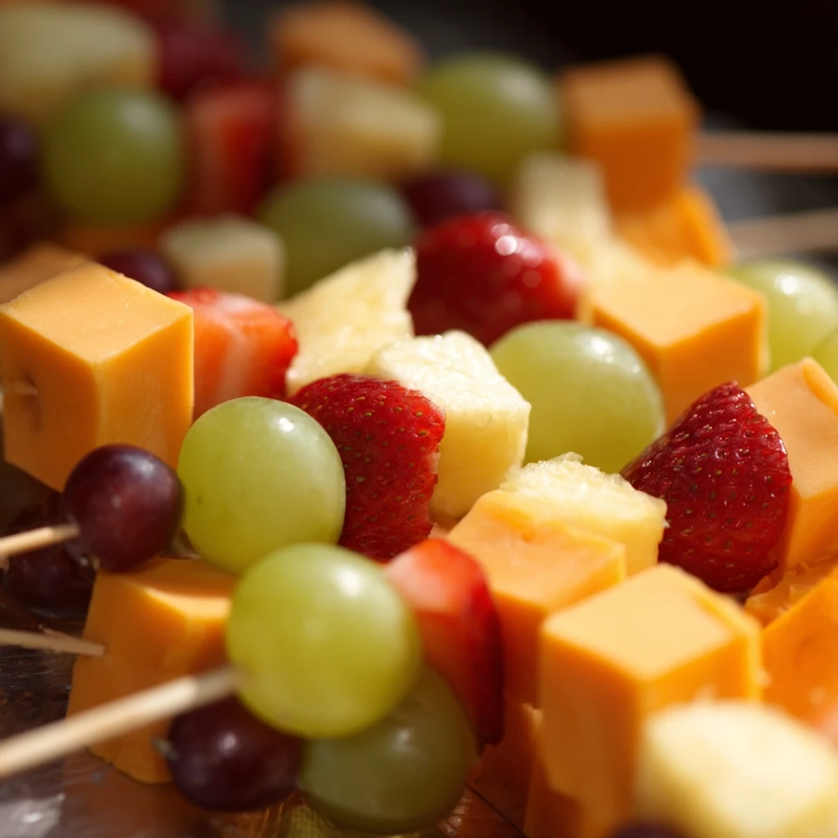 Colorful fruit and cheese kabobs arranged on a platter with grapes, strawberries, pineapple, and cheddar cubes