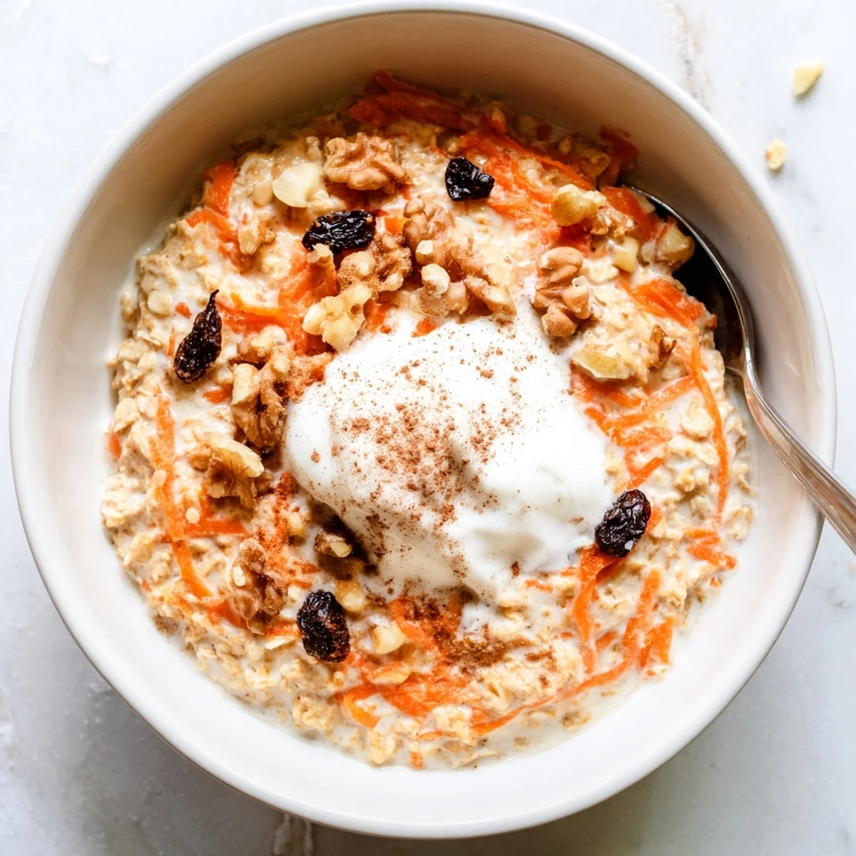 Creamy carrot cake overnight oats in a mason jar topped with crunchy walnuts and cinnamon sprinkles