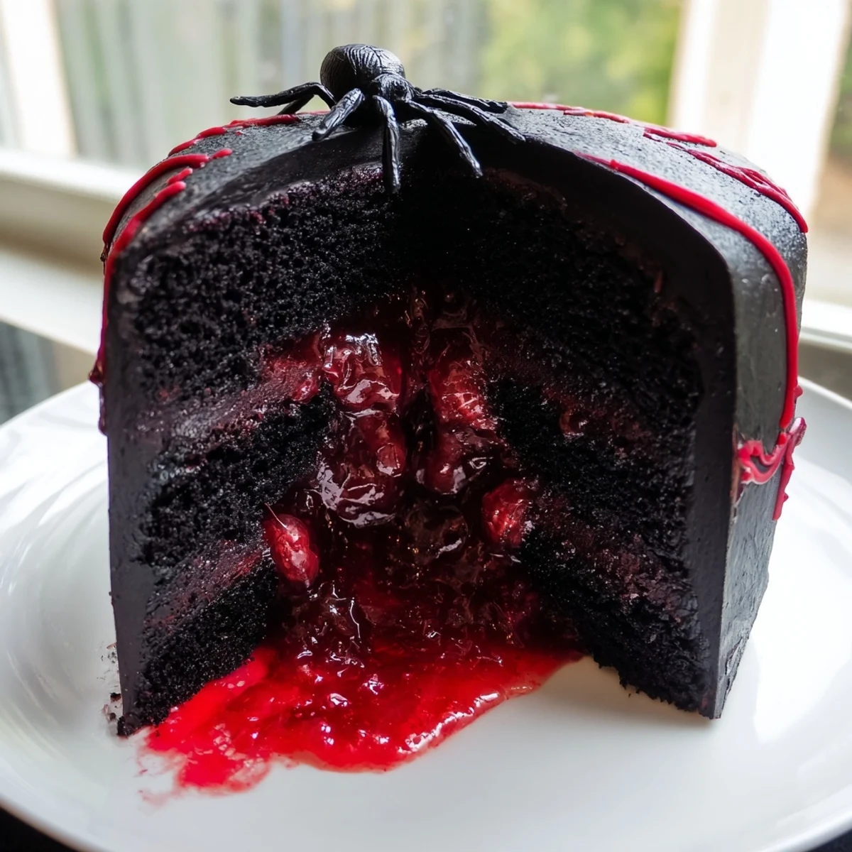 Black Widow Cake sliced open revealing deep red cherry compote hidden horror filling