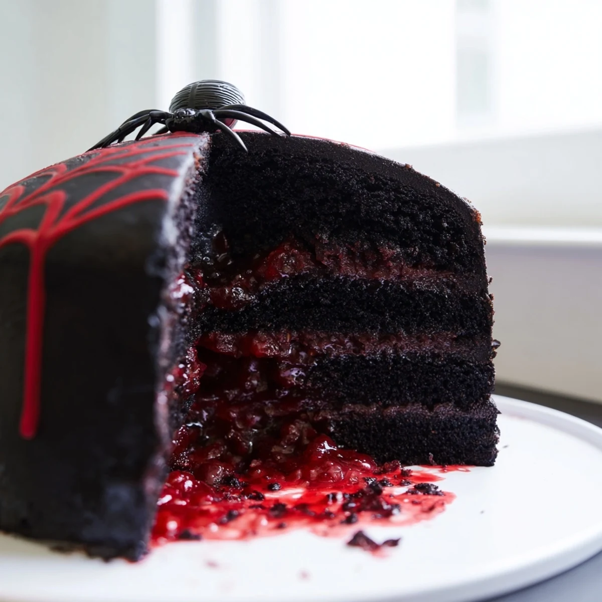 Dark chocolate Black Widow Cake with glossy black ganache dripping over rich layers