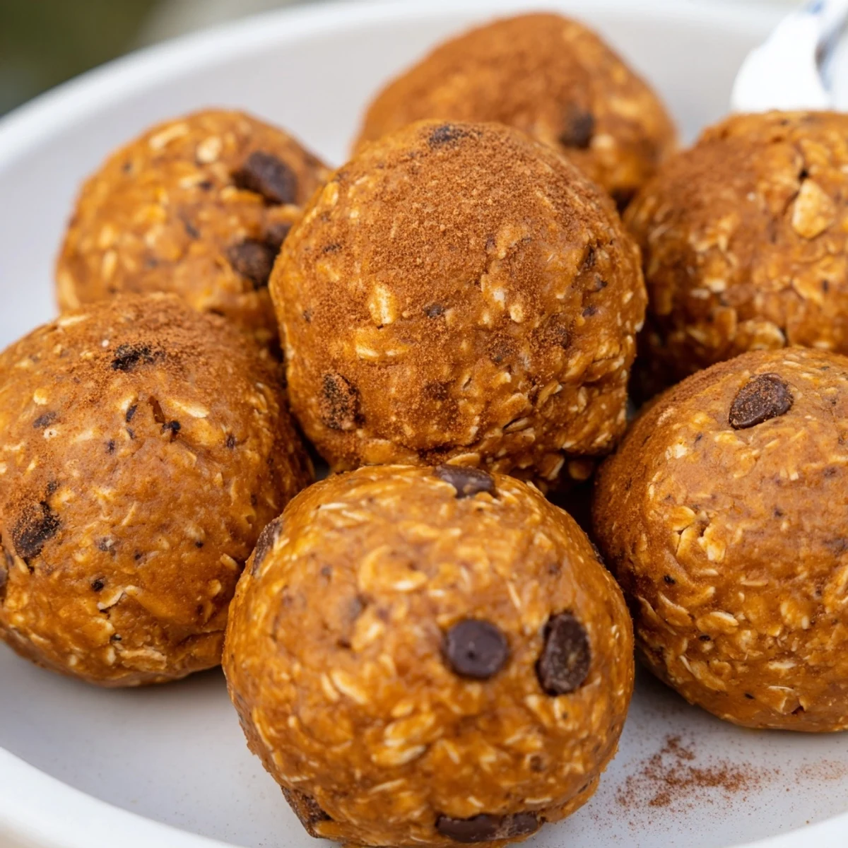 Chewy no bake pumpkin protein balls stacked on a rustic parchment-lined tray