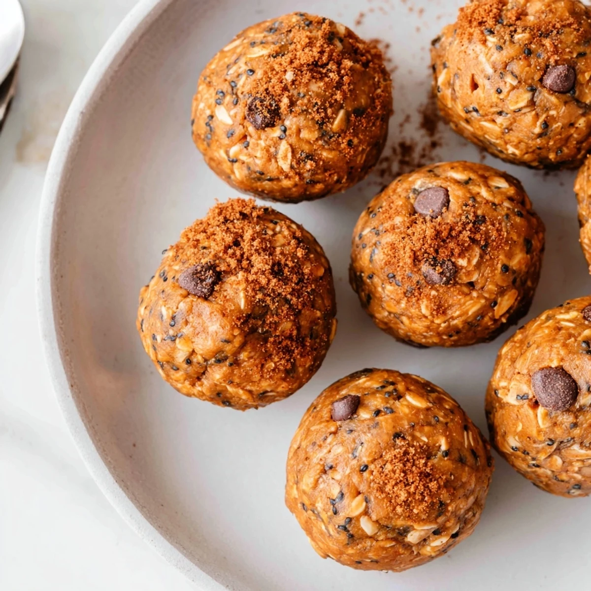 Golden no bake pumpkin protein balls dotted with chocolate chips on a plate