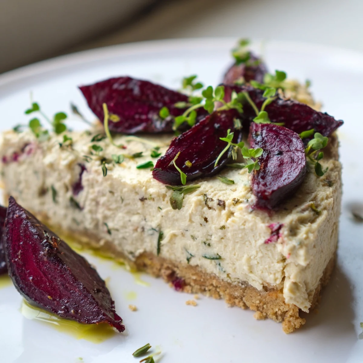 Creamy savoury cheesecake with roasted beetroot garnished with fresh herbs and microgreens