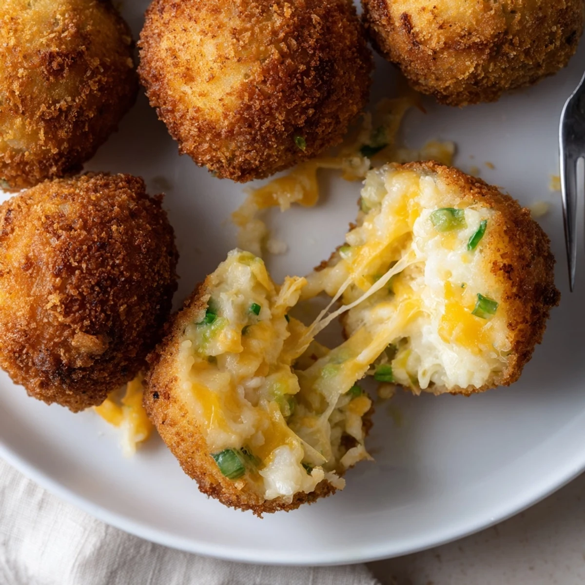 Fried Mashed Potato Balls with melted cheddar, scallions, served with ranch dip