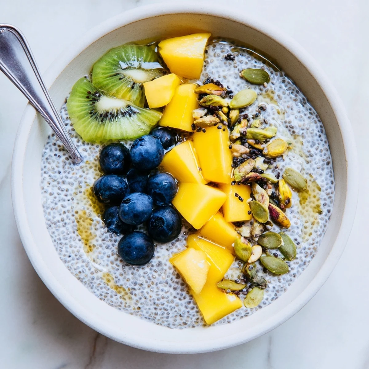 Chilled Coconut Chia Pudding in a glass jar garnished with berries and nuts