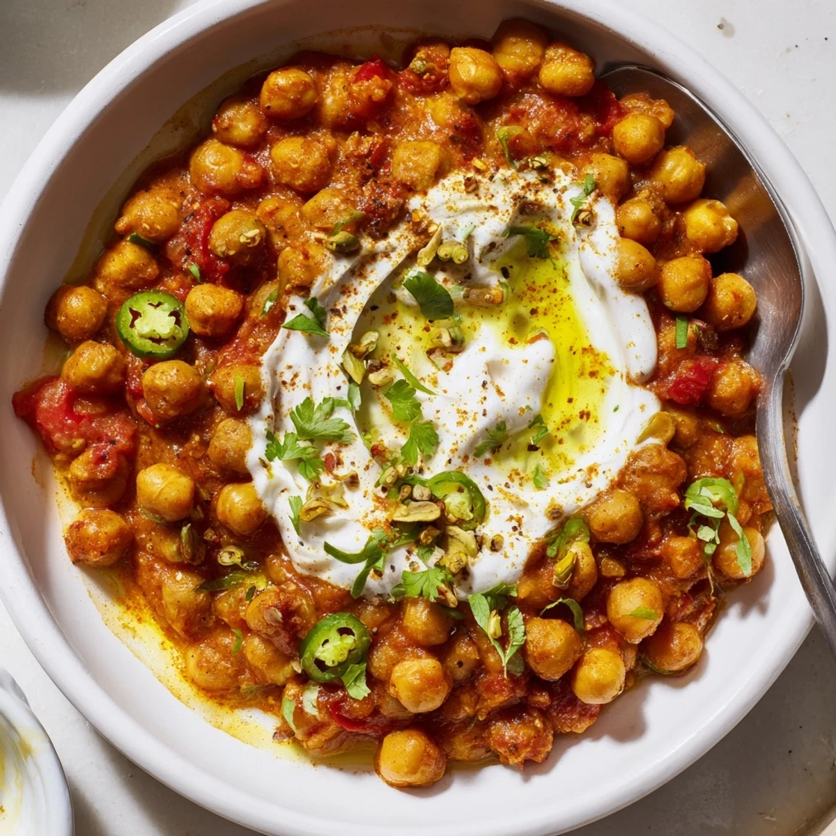 Velvety Greek Yogurt Chickpea Curry steaming over basmati rice, garnished with cilantro.