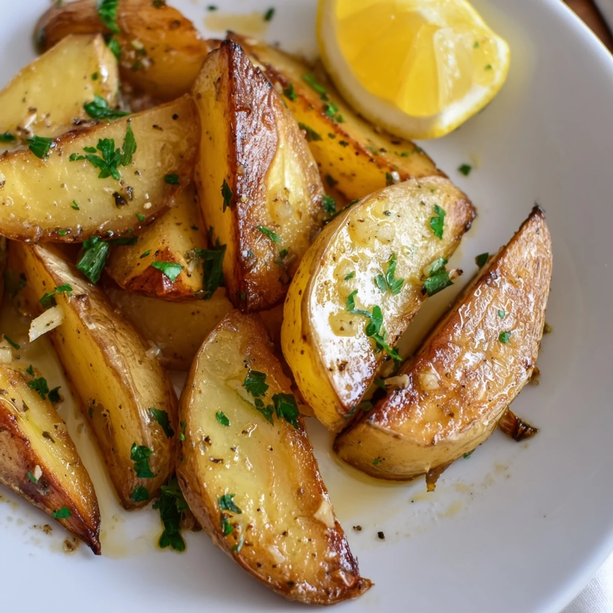 Family-style Authentic Greek Lemon Potatoes Recipe served hot next to roast lamb