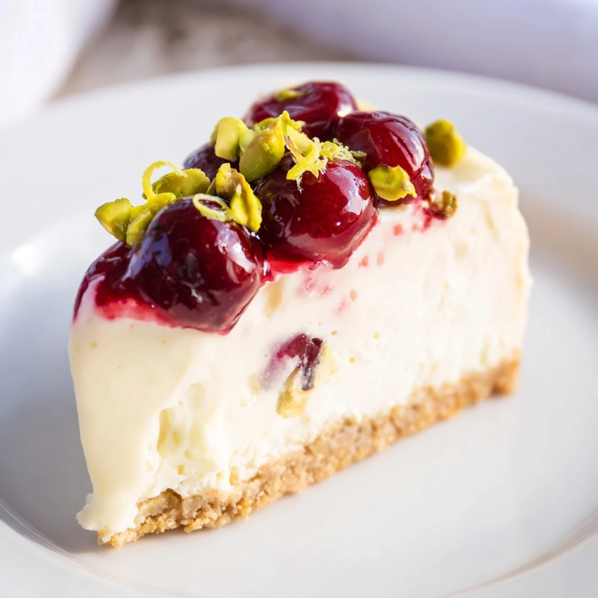 Slice of Lemon Lime Cherry Pistachio Cheesecake showing creamy citrus swirl and crust  