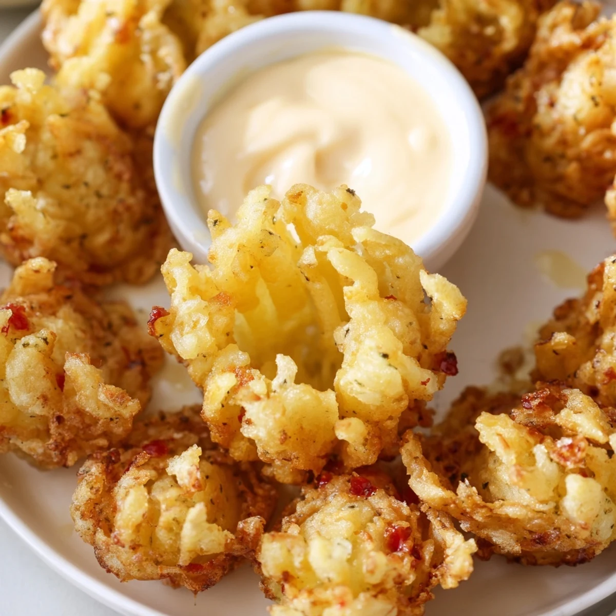 Crispy Mini Bloomin Onions Recipe: golden, crunchy petals nestled next to ramekin