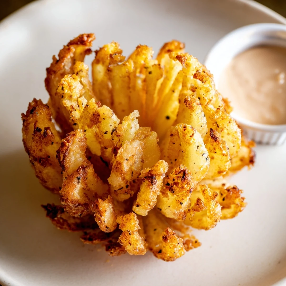 Crispy Mini Bloomin Onions Recipe served warm with smoky horseradish dipping sauce