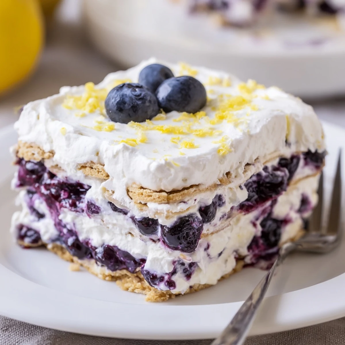 Chilled Lemon Blueberry Lasagna Recipe sliced neat, buttery crust, fluffy lemon cream