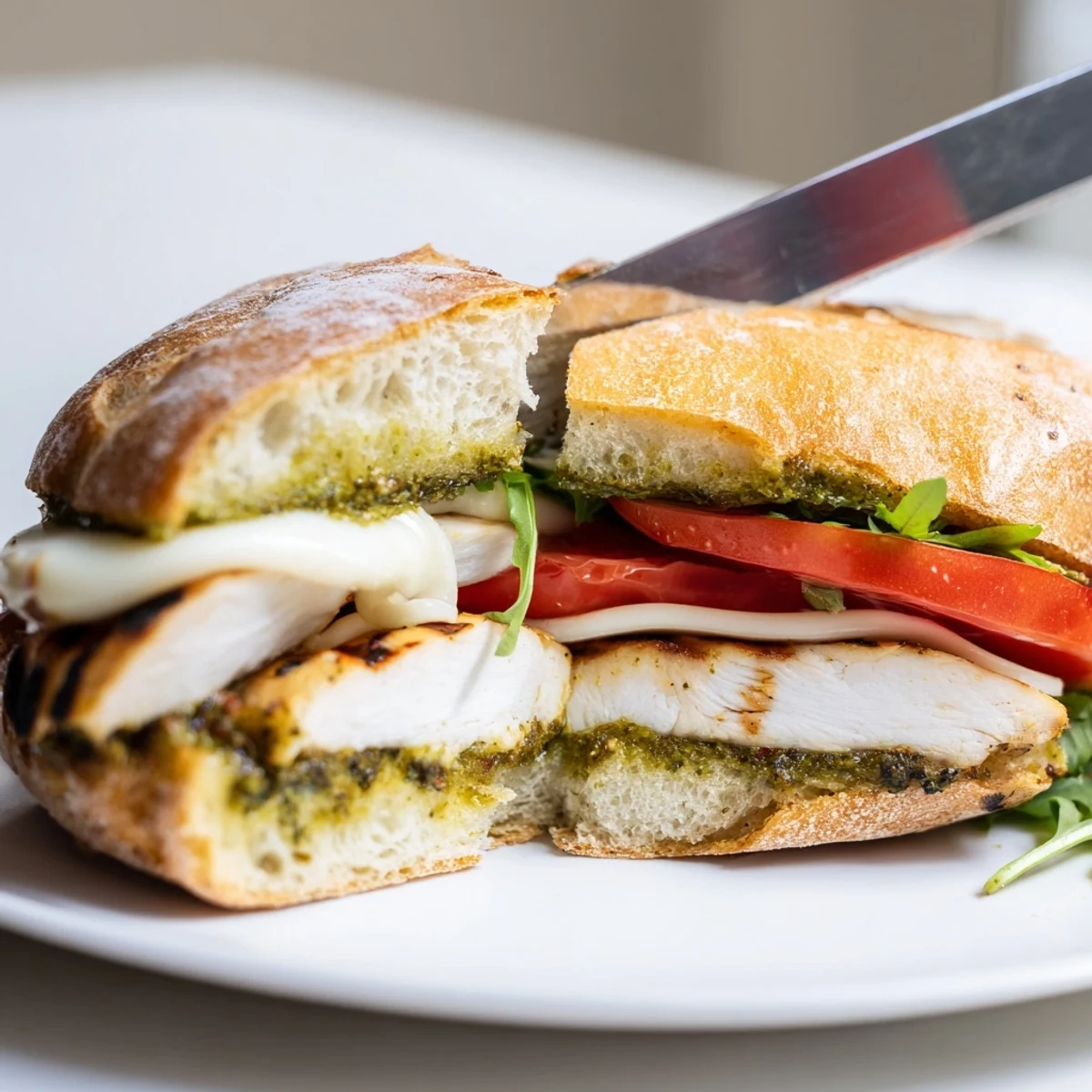 Warm Chicken Pesto Sandwich Recipe with melted mozzarella, grilled chicken and basil.