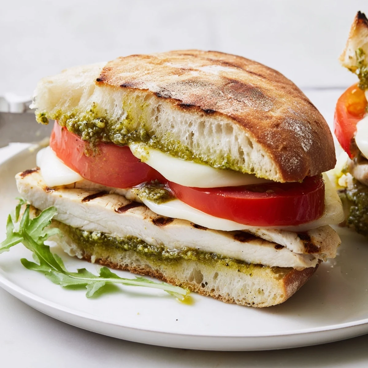 Grilled chicken and vibrant pesto on ciabatta create a Chicken Pesto Sandwich.
