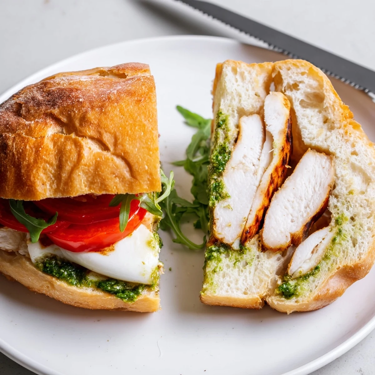 Toasted ciabatta holding Chicken Pesto Sandwich layered with mozzarella, tomato, peppery arugula.