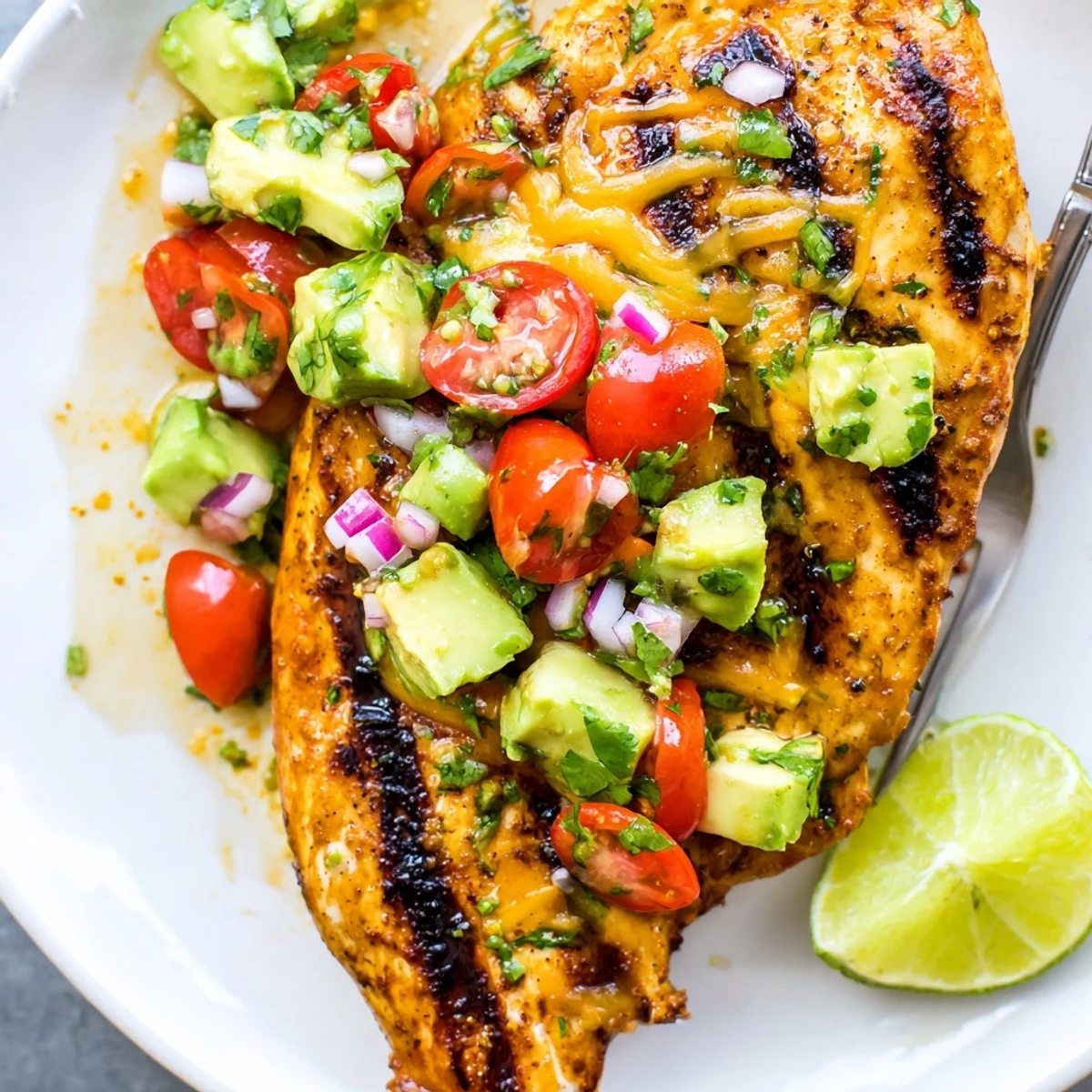 Grilled Fiesta Lime Chicken With Avocado, zesty lime aroma and melted cheese.
